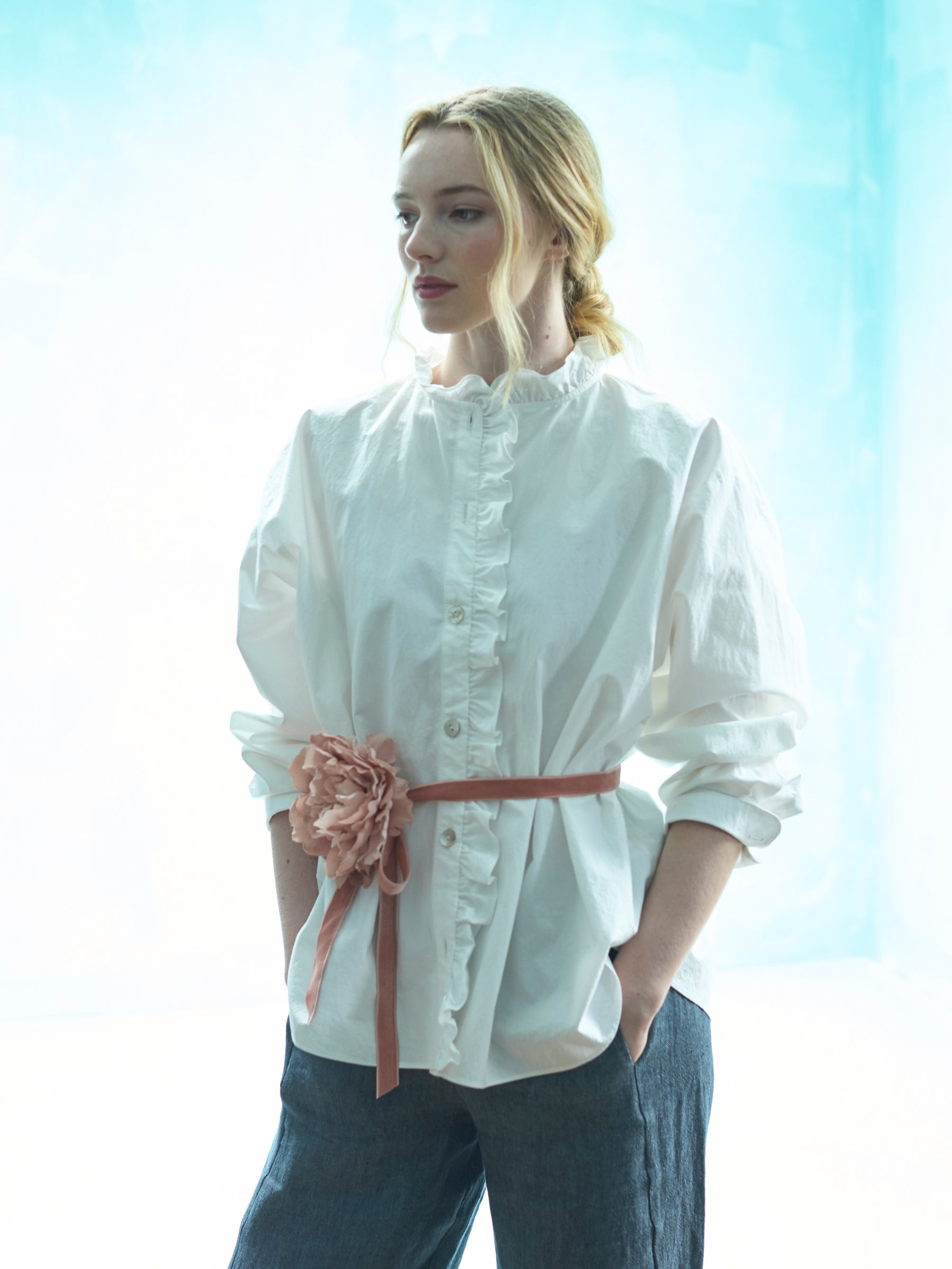 Selby Ruffle Shirt in White Japanese Cotton