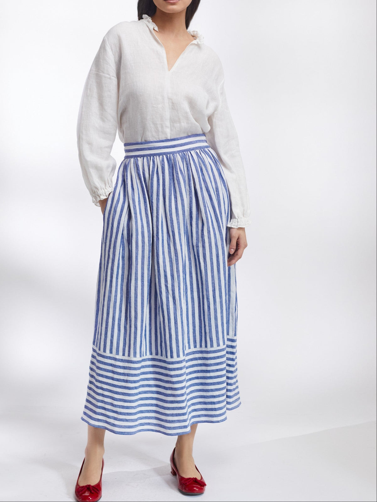 Bobbie Skirt in Blue and White Stripe Irish Linen
