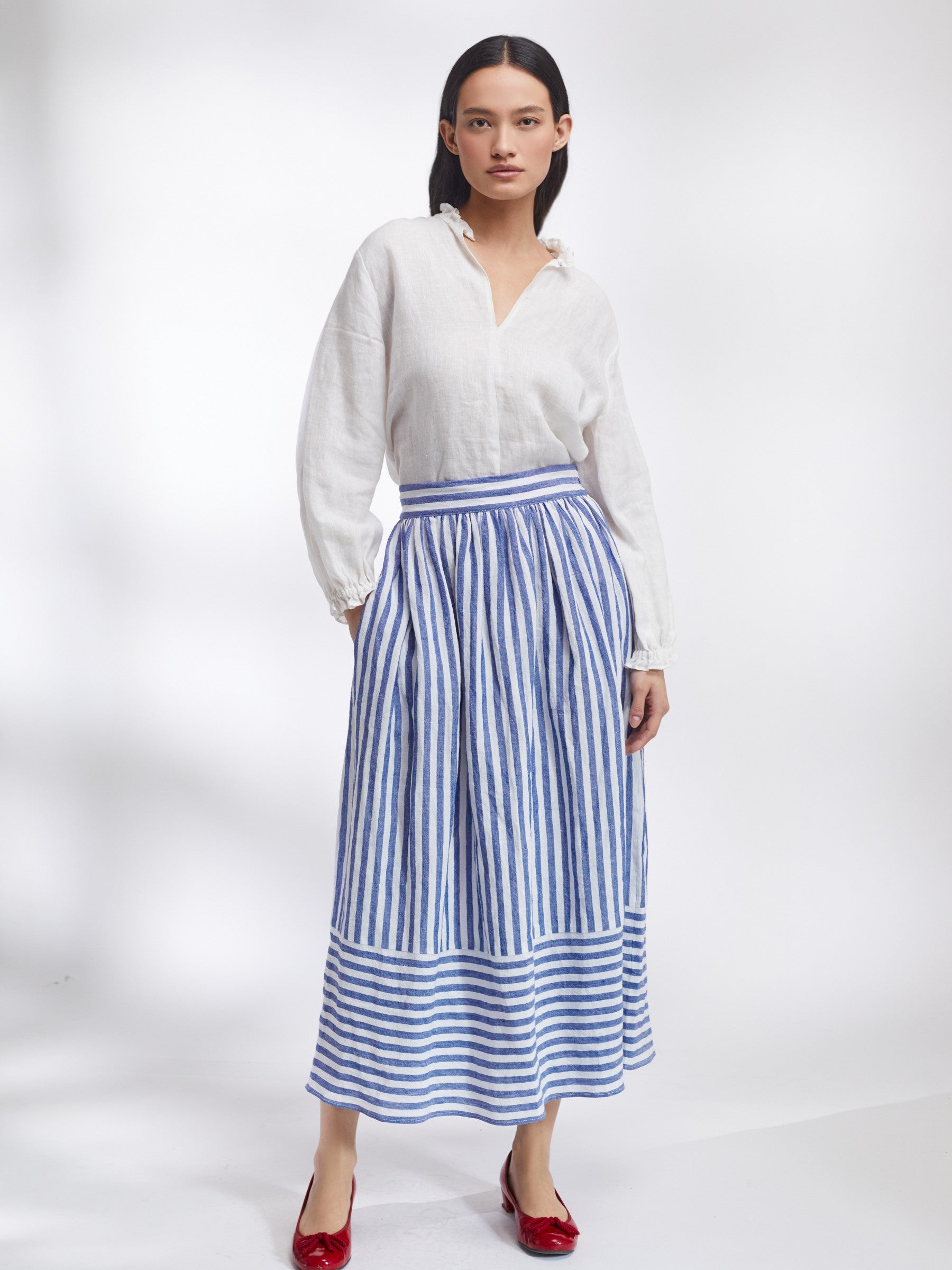 Bobbie Skirt in Blue and White Stripe Irish Linen