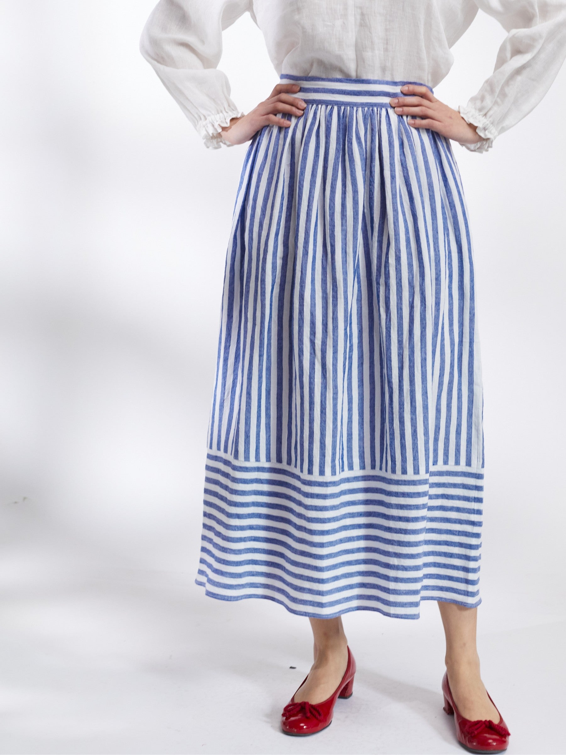 Bobbie Skirt in Blue and White Stripe Irish Linen