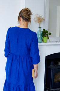Tiered Midi Dress in Blue Linen | Made In England | Justine Tabak