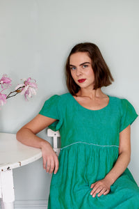 Short Sleeve Empire Line Dress in Green Linen | Made in England | Justine Tabak