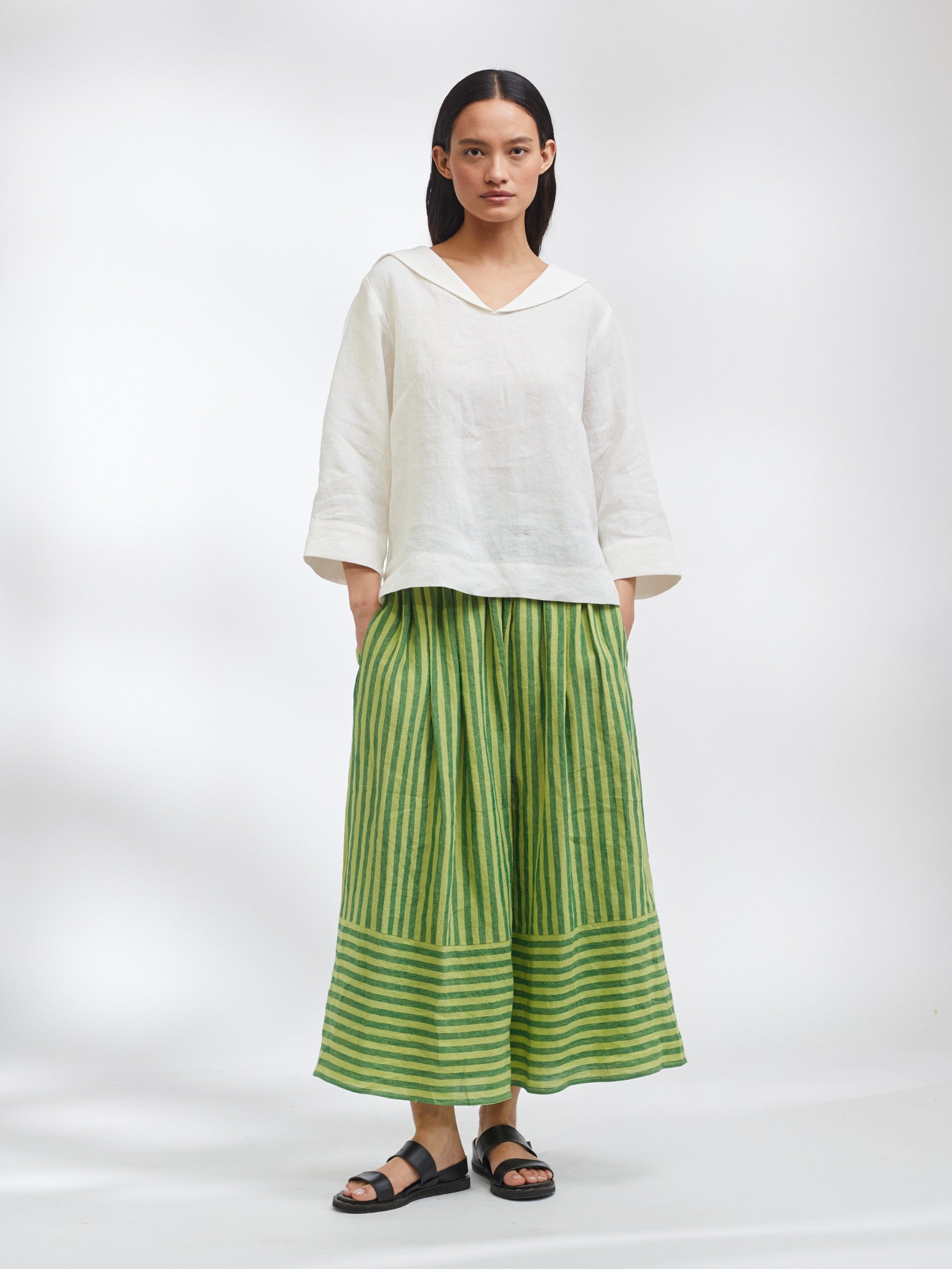 Pull-on Skirt in Green Striped Irish Linen | Made in England | Justine Tabak