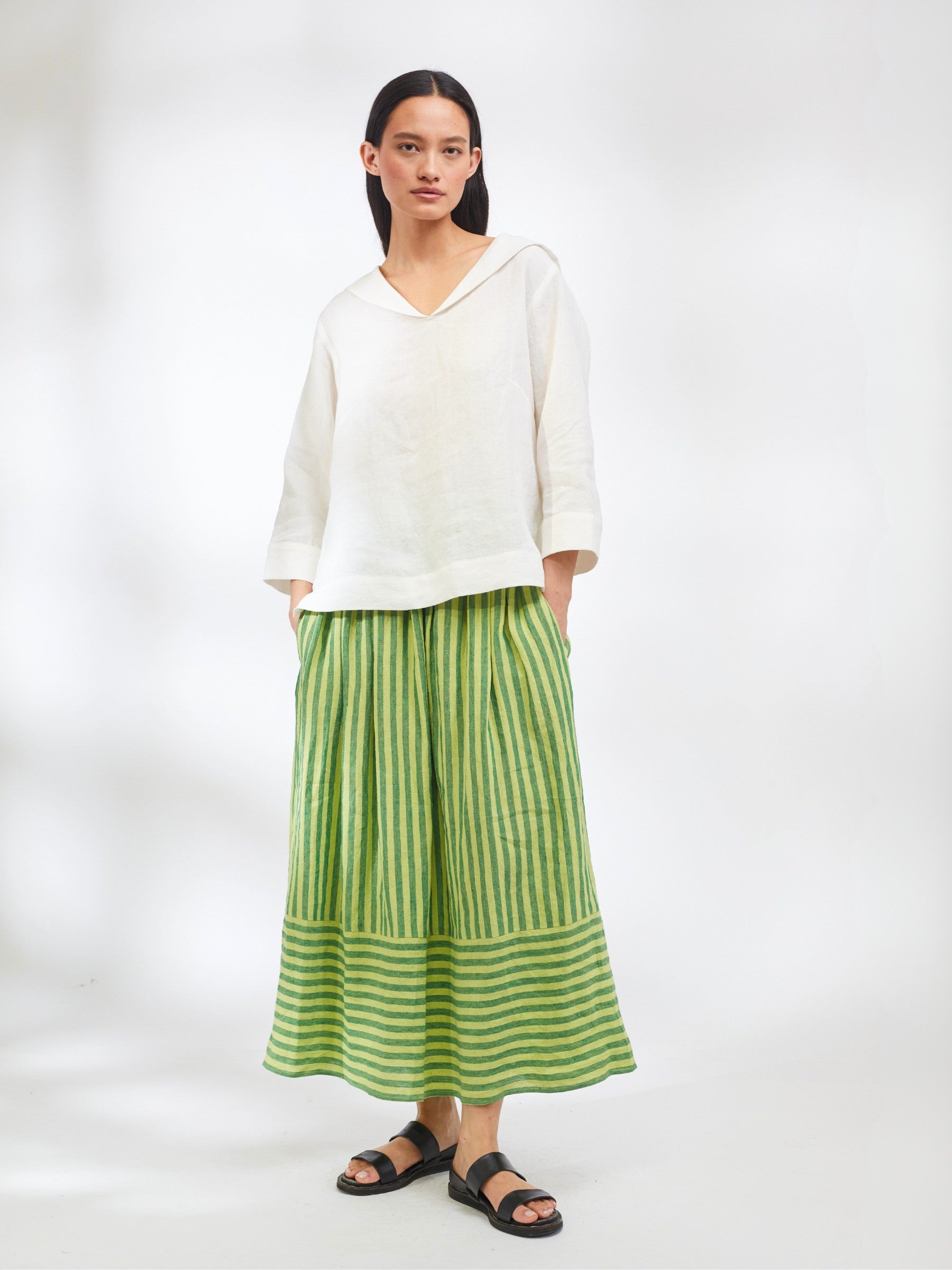 Pull-on Skirt in Green Striped Irish Linen | Made in England | Justine Tabak