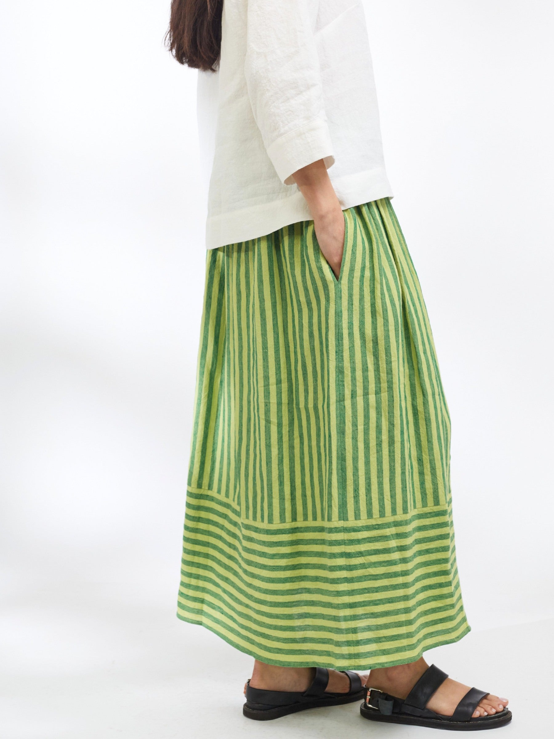 Pull-on Skirt in Green Striped Irish Linen | Made in England | Justine Tabak