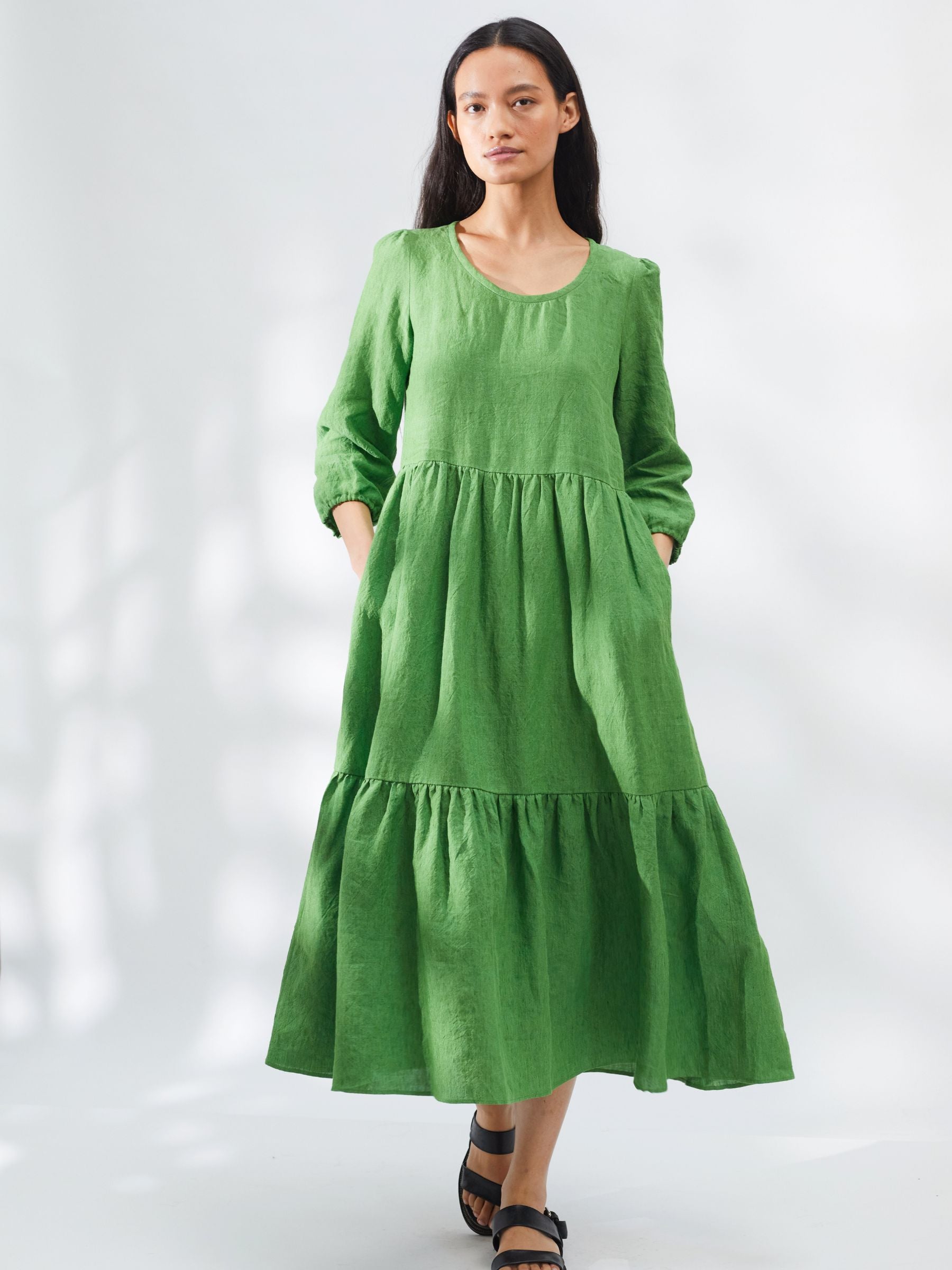 Tiered Midi Dress in Green Linen | Made In England | Justine Tabak
