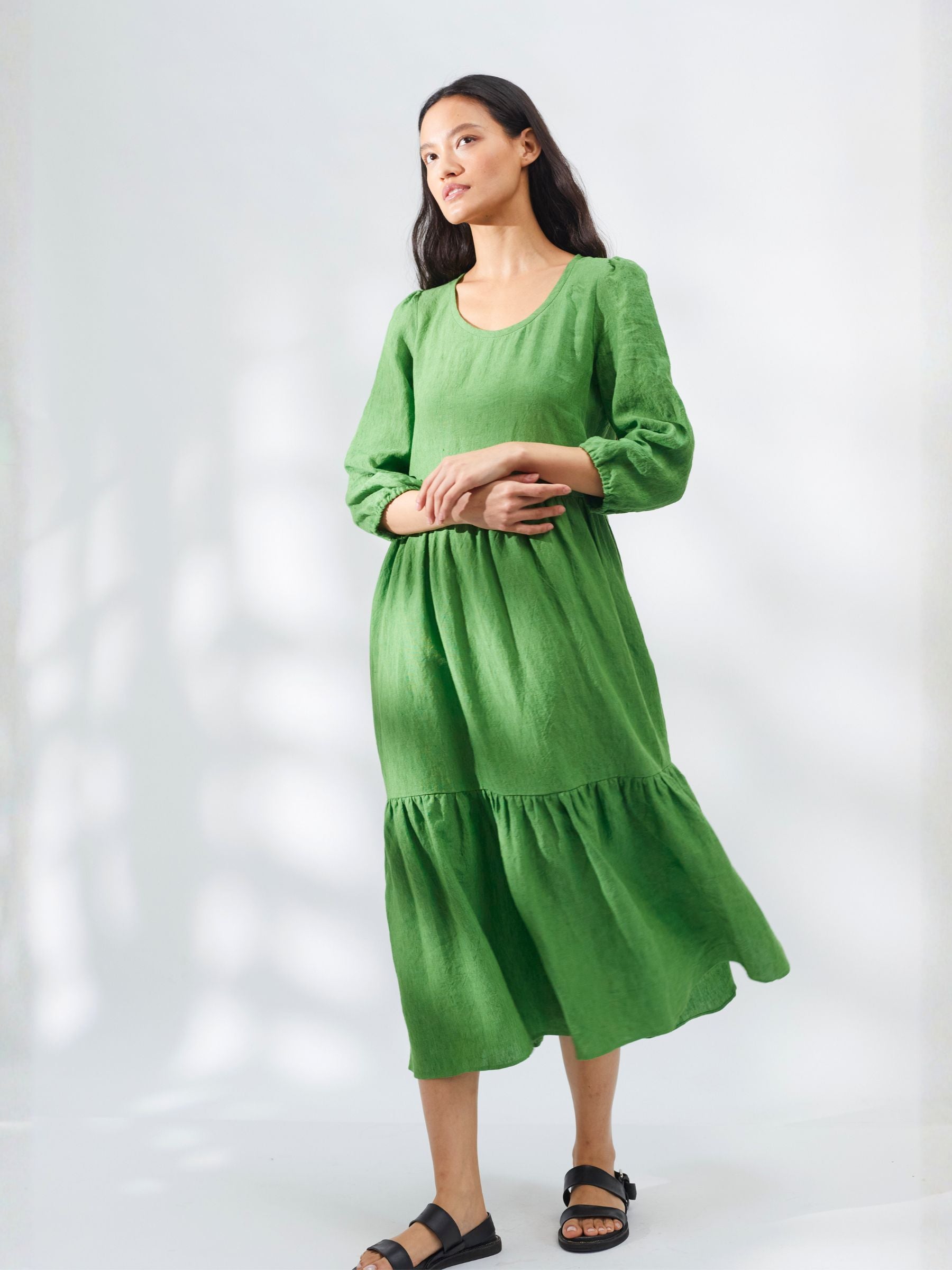 Tiered Midi Dress in Green Linen | Made In England | Justine Tabak