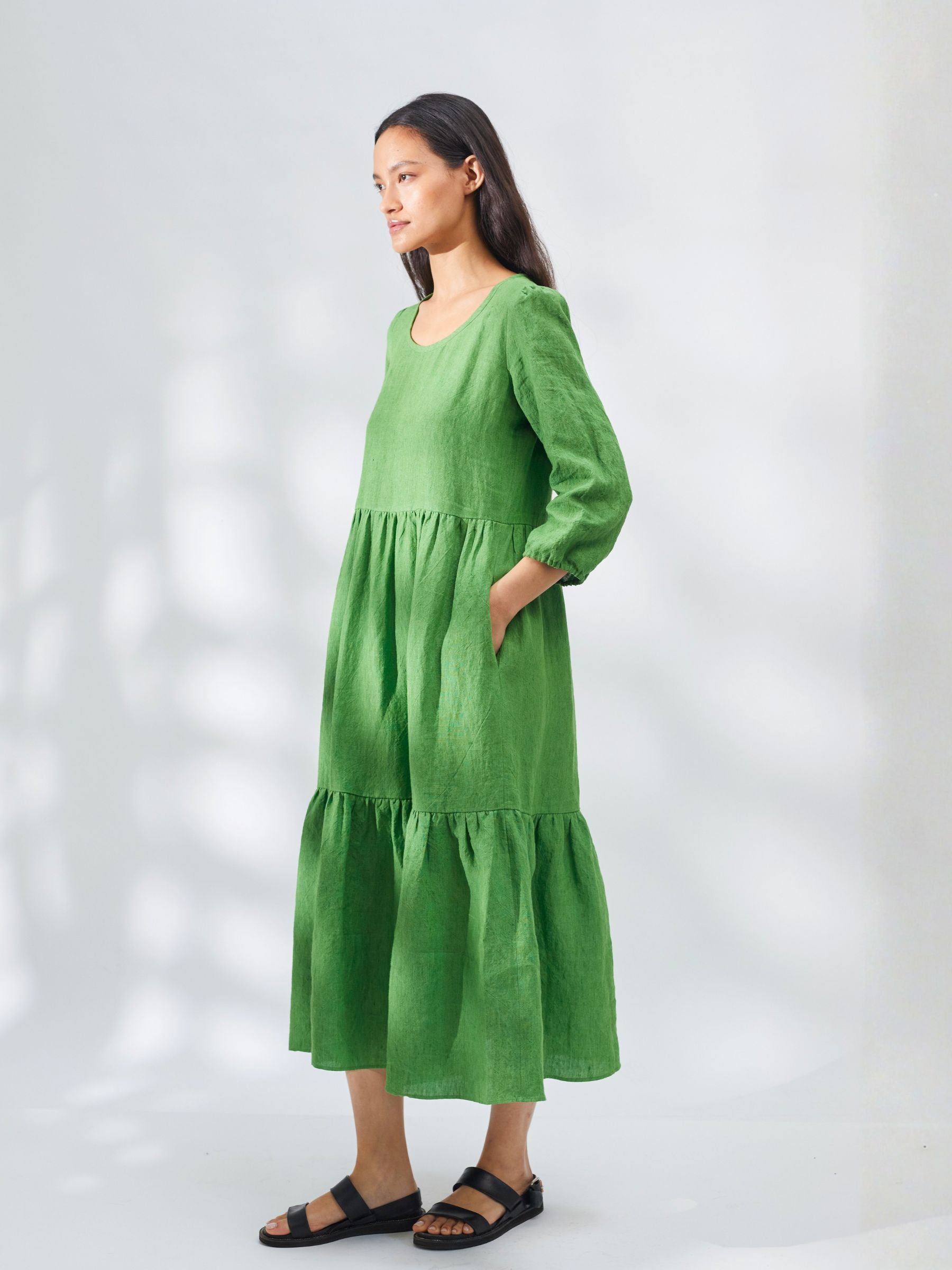 Tiered Midi Dress in Green Linen | Made In England | Justine Tabak