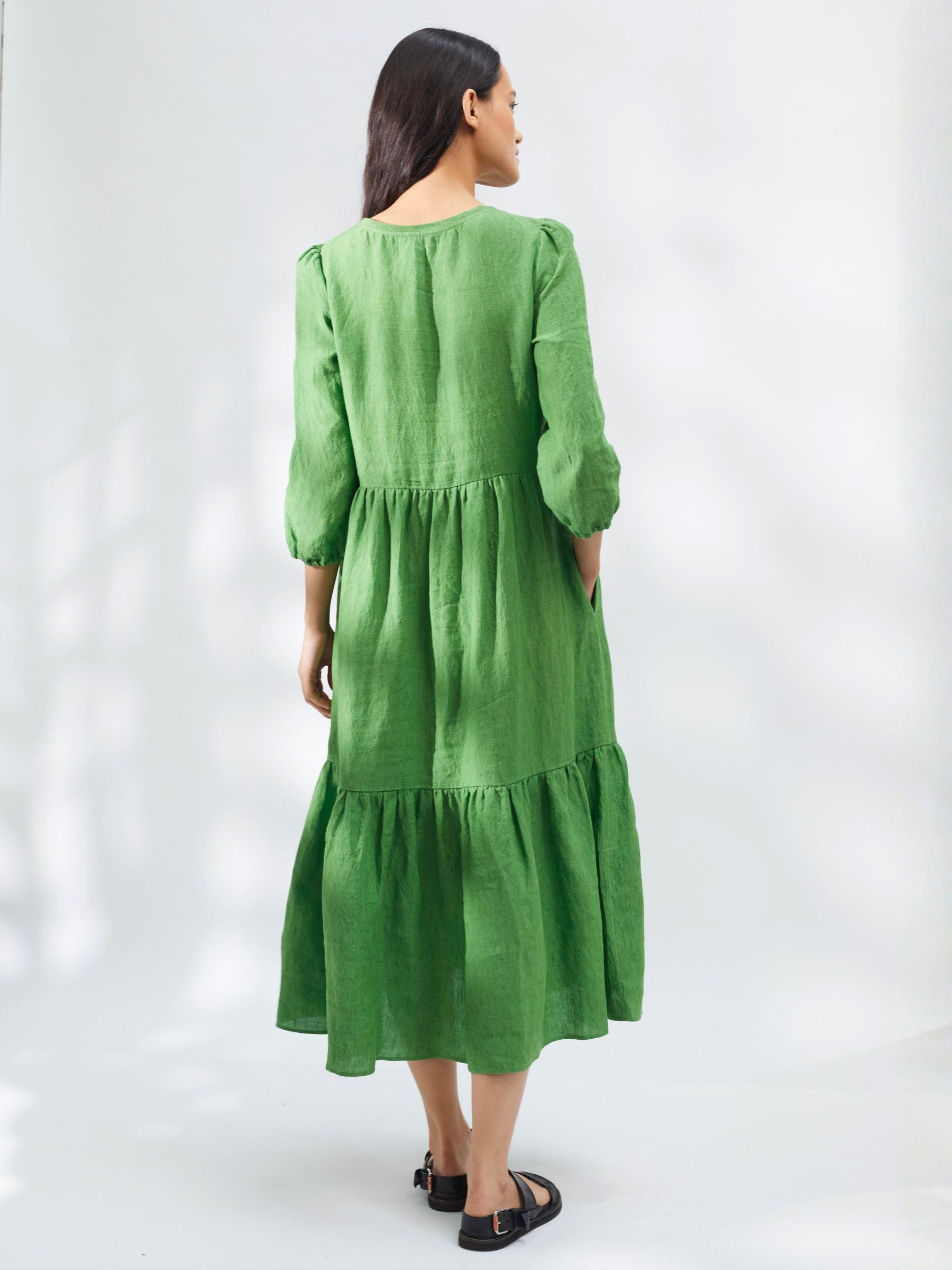 Tiered Midi Dress in Green Linen | Made In England | Justine Tabak