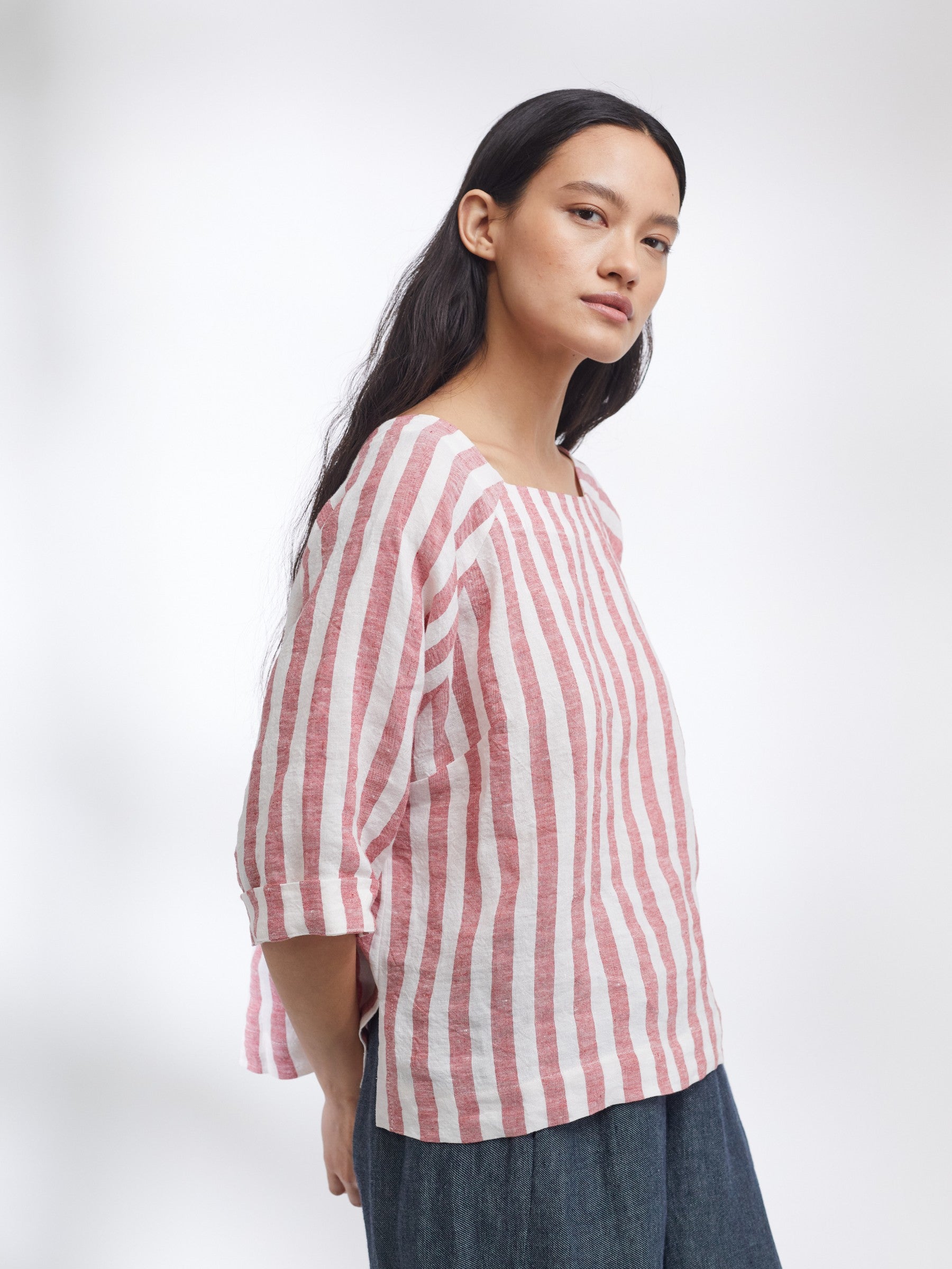 Padstow Raglan Top in Red Stripe Irish Linen