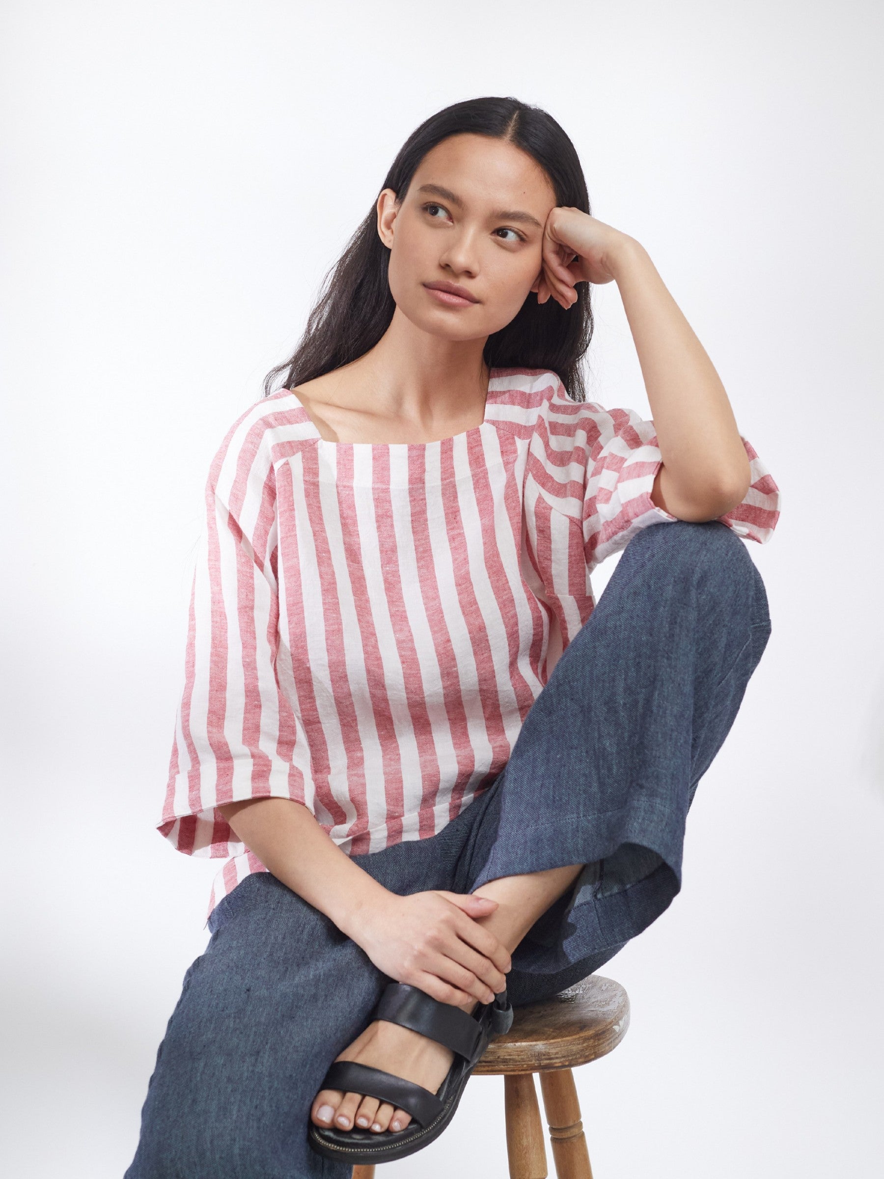 Padstow Raglan Top in Red Stripe Irish Linen