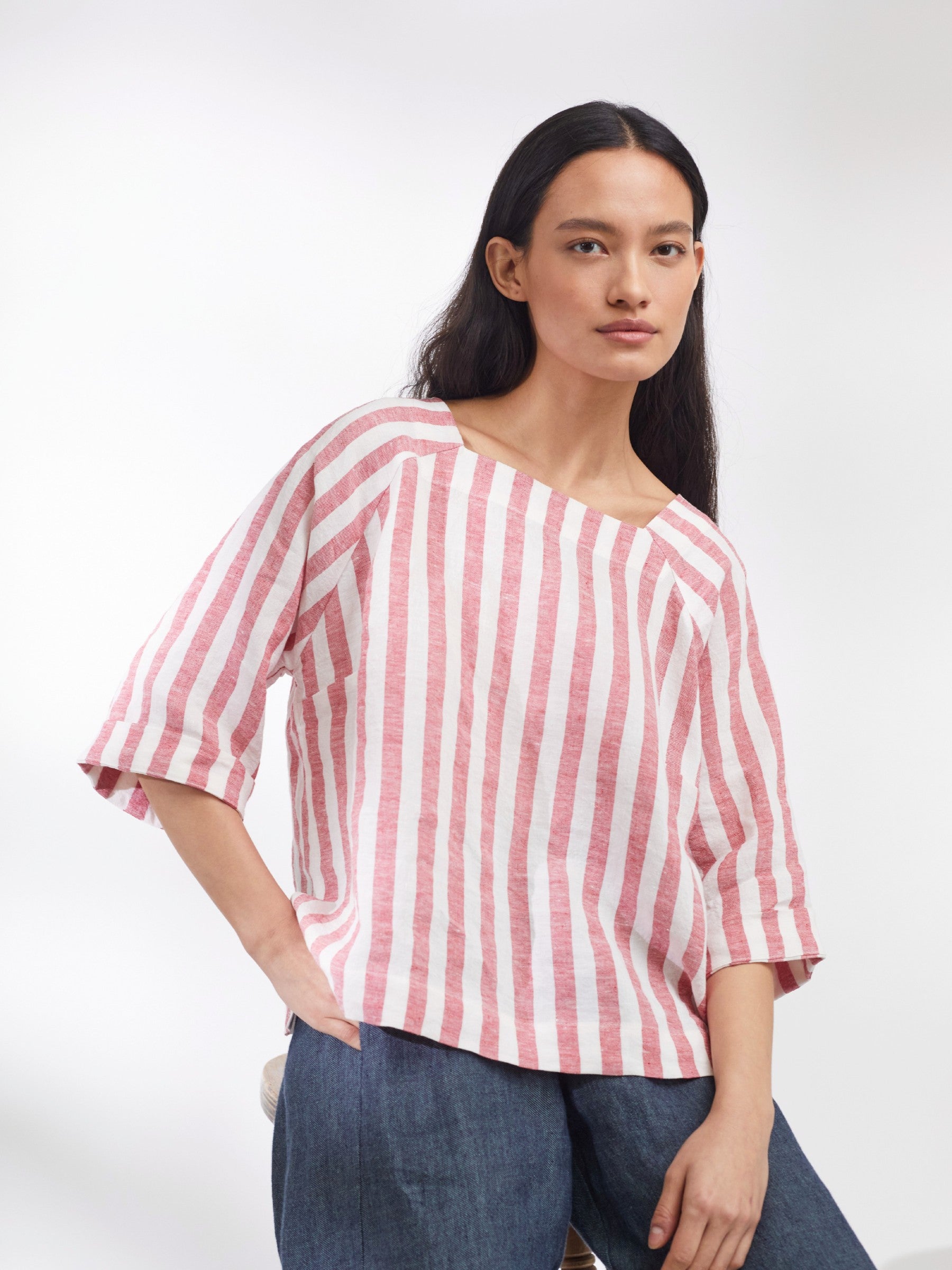 Padstow Raglan Top in Red Stripe Irish Linen