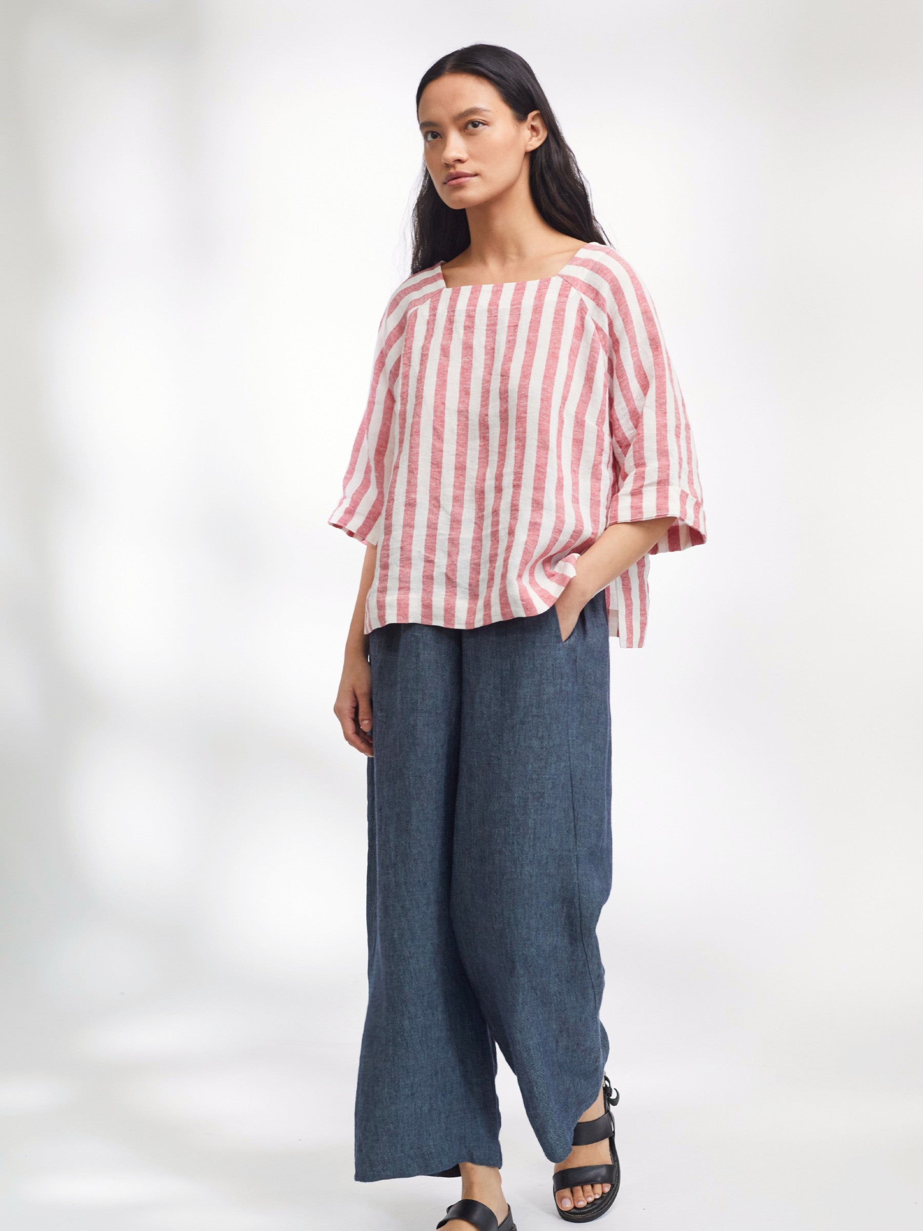 Padstow Raglan Top in Red Stripe Irish Linen