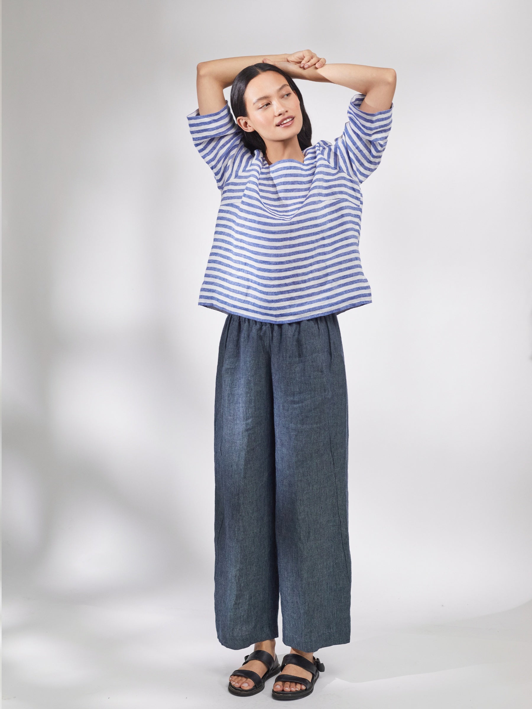 Padstow Top in Blue and White Stripe Irish Linen