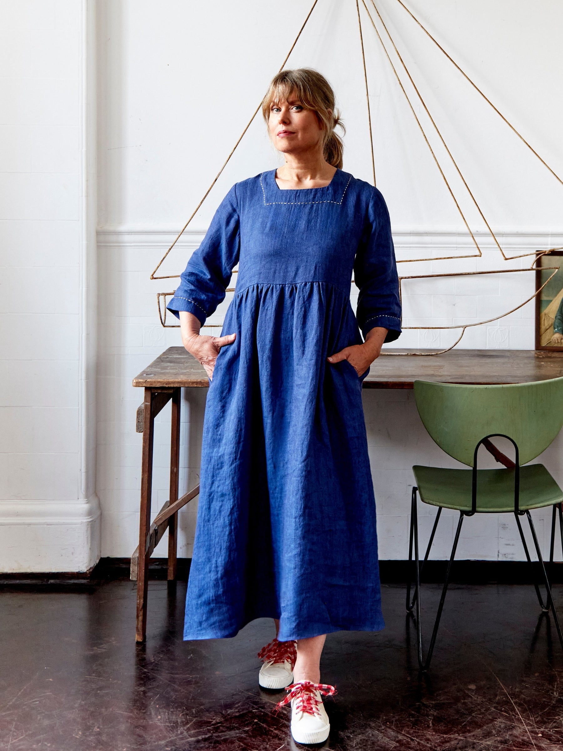 Mariner Dress in French Navy Linen Twill with Embroidery