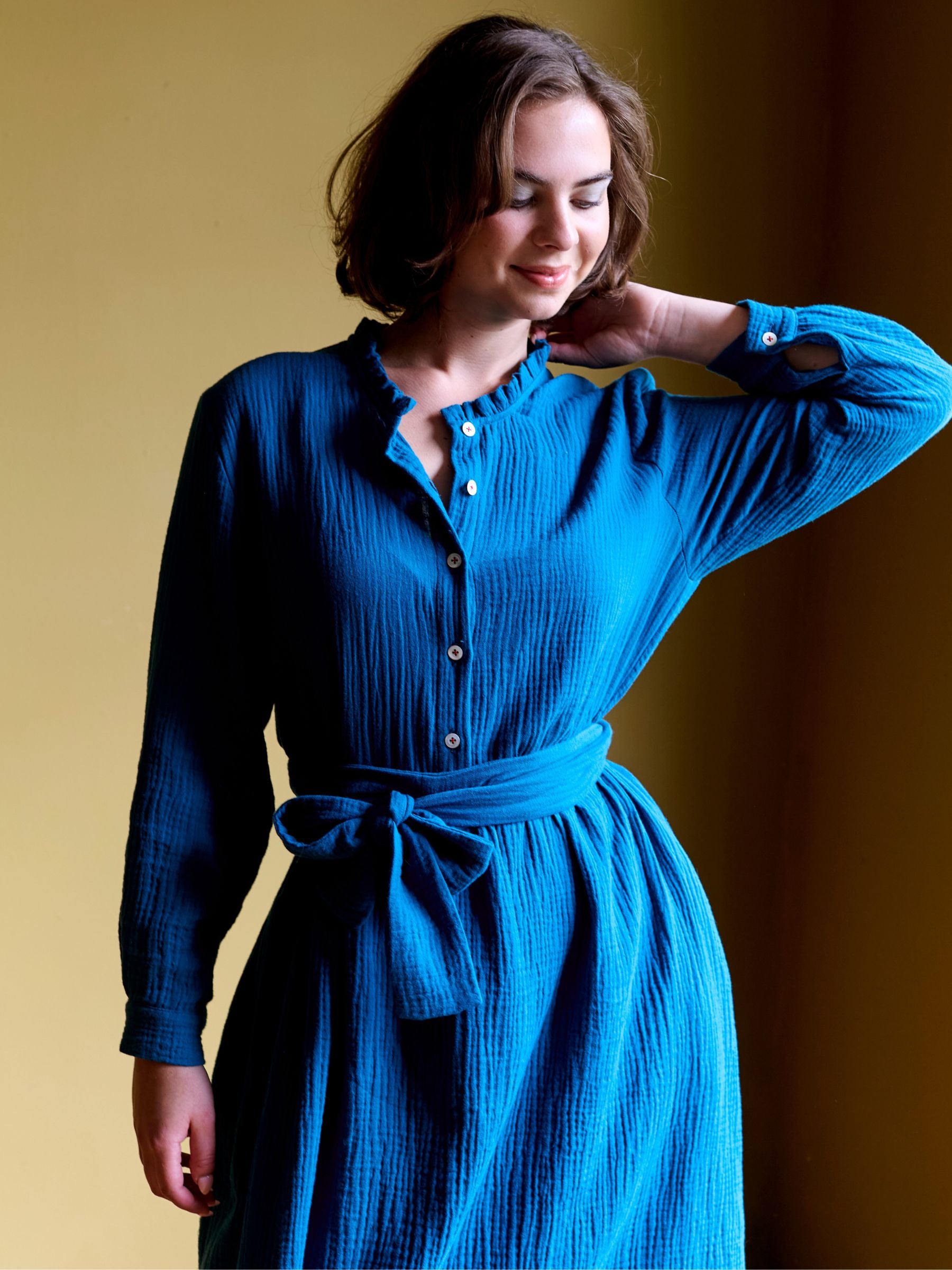 Shirt Dress in Teal Double Gauze Cotton | Made in England | Justine Tabak