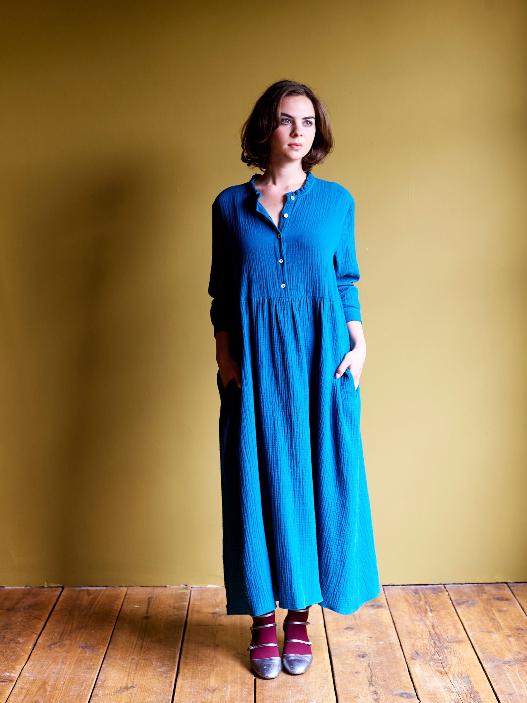 Shirt Dress in Teal Double Gauze Cotton | Made in England | Justine Tabak