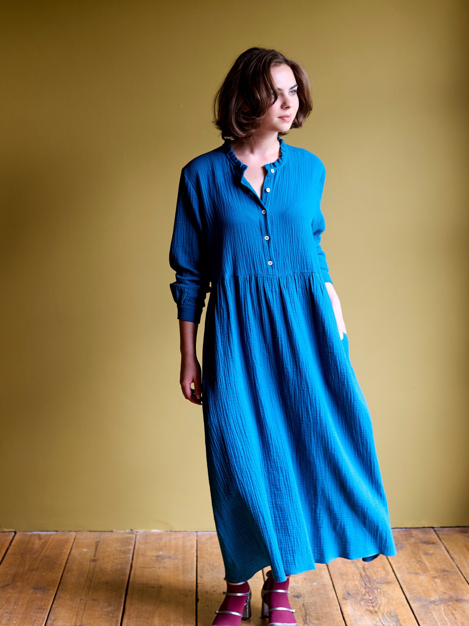 Didsbury Dress in Soft Teal Double Gauze Cotton