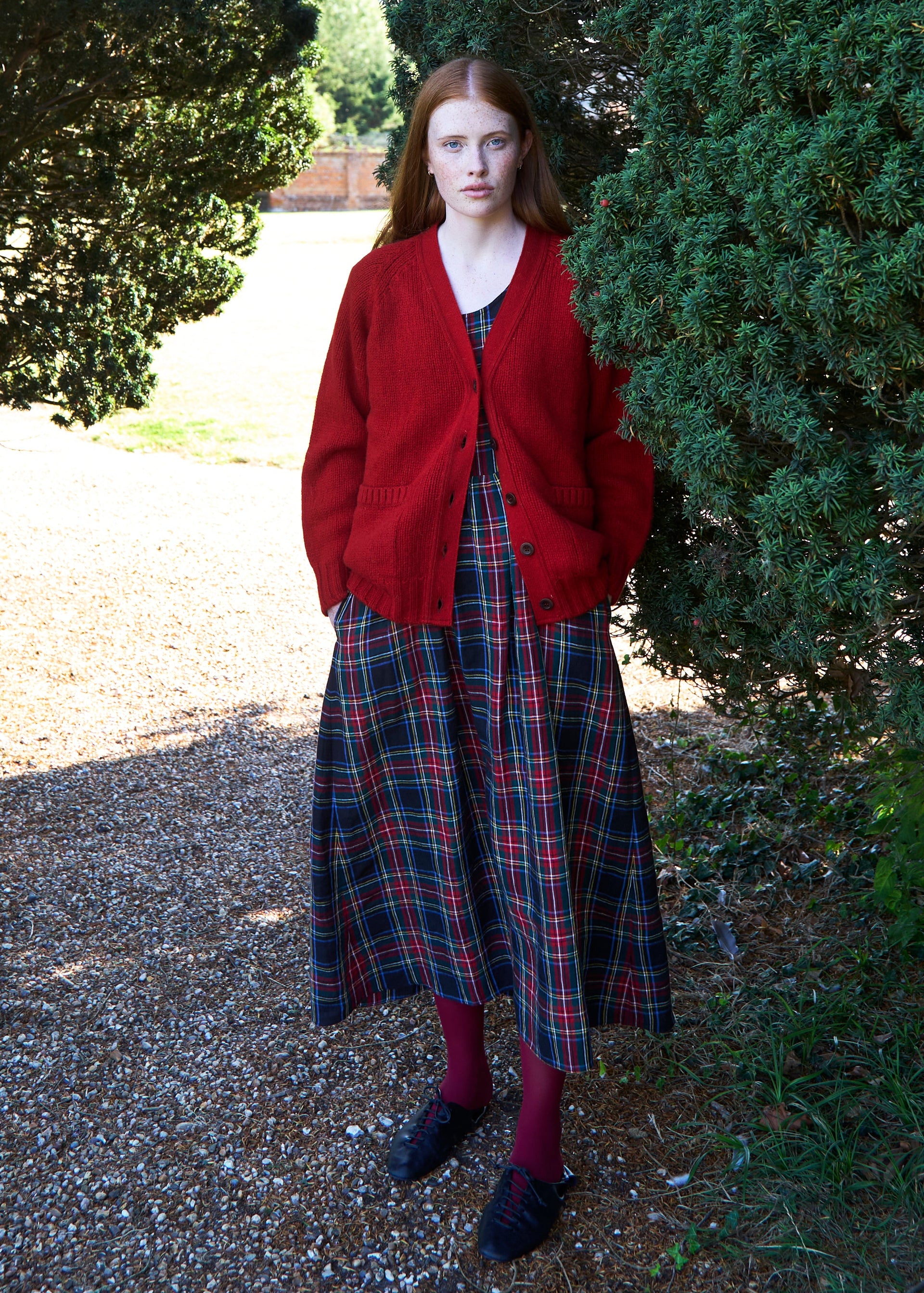 Linen Pinafore Dress in Black Stewart Tartan | Made in England | Justine Tabak Linen Pinafore Dress in Black Stewart Tartan | Made in England | Justine Tabak