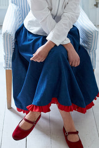 Swishy Ruffle Skirt in Denim with Red Linen Trim