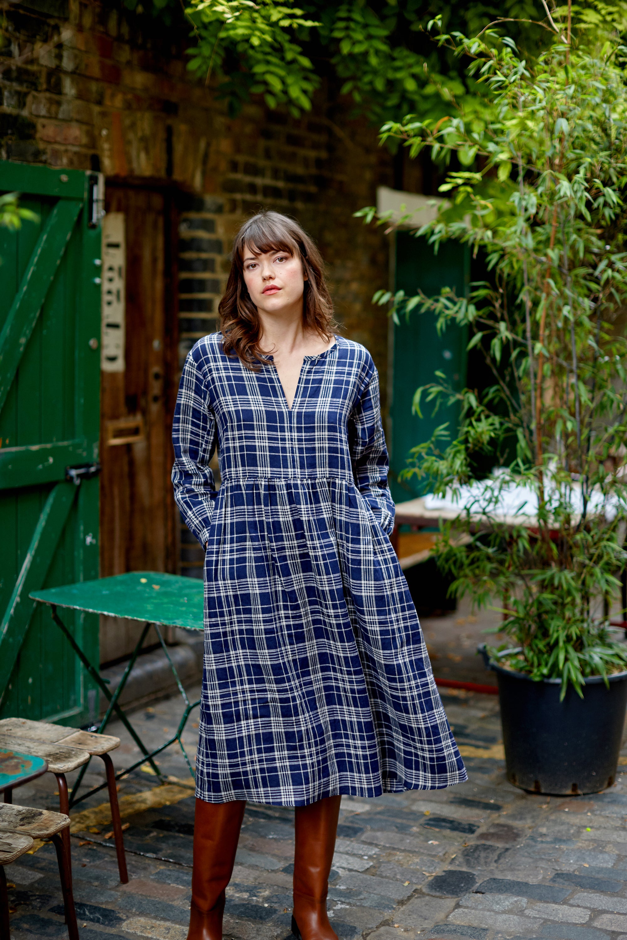 Indigo Check Linen Hackney Dress, SMALL