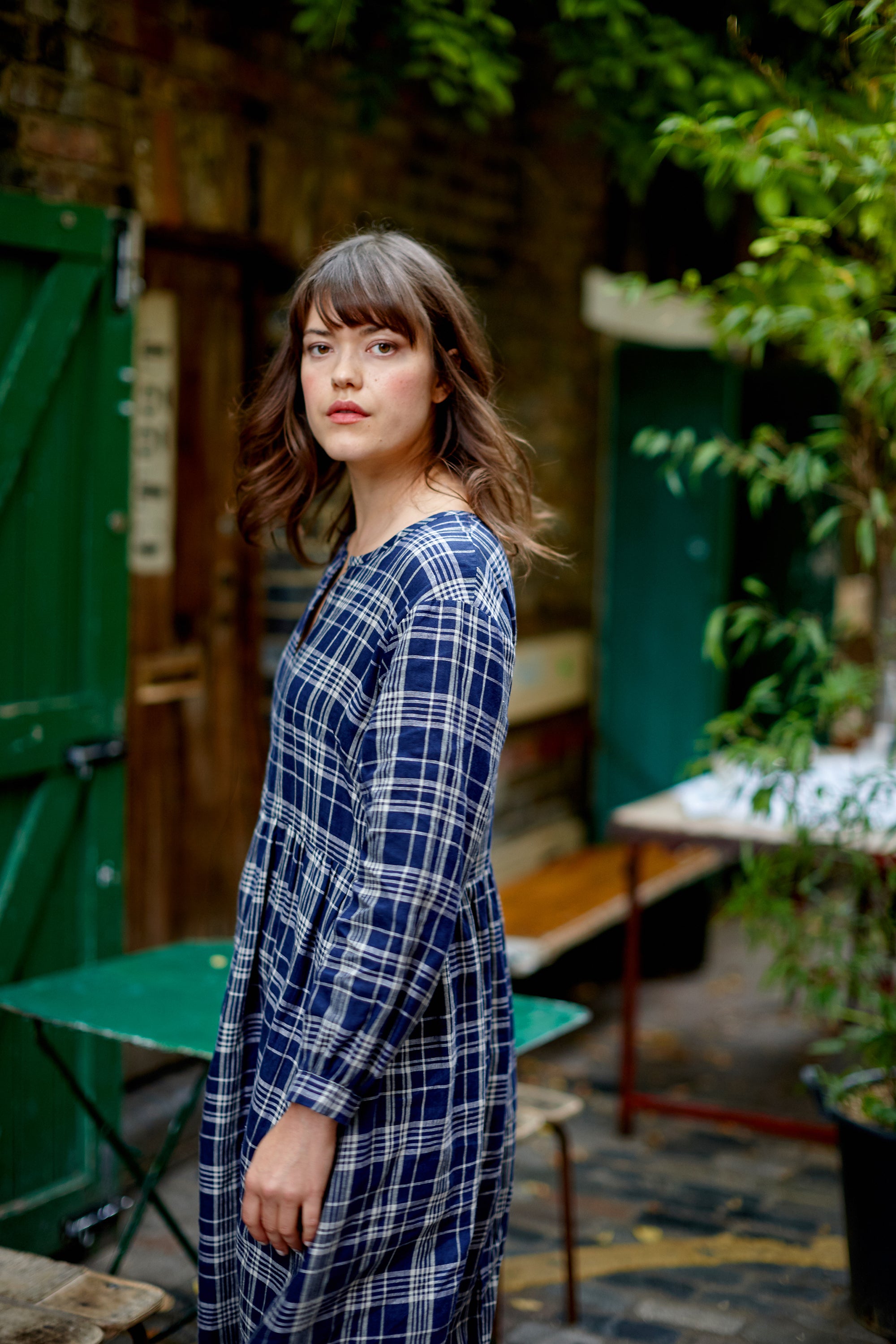 Indigo Check Linen Hackney Dress, SMALL
