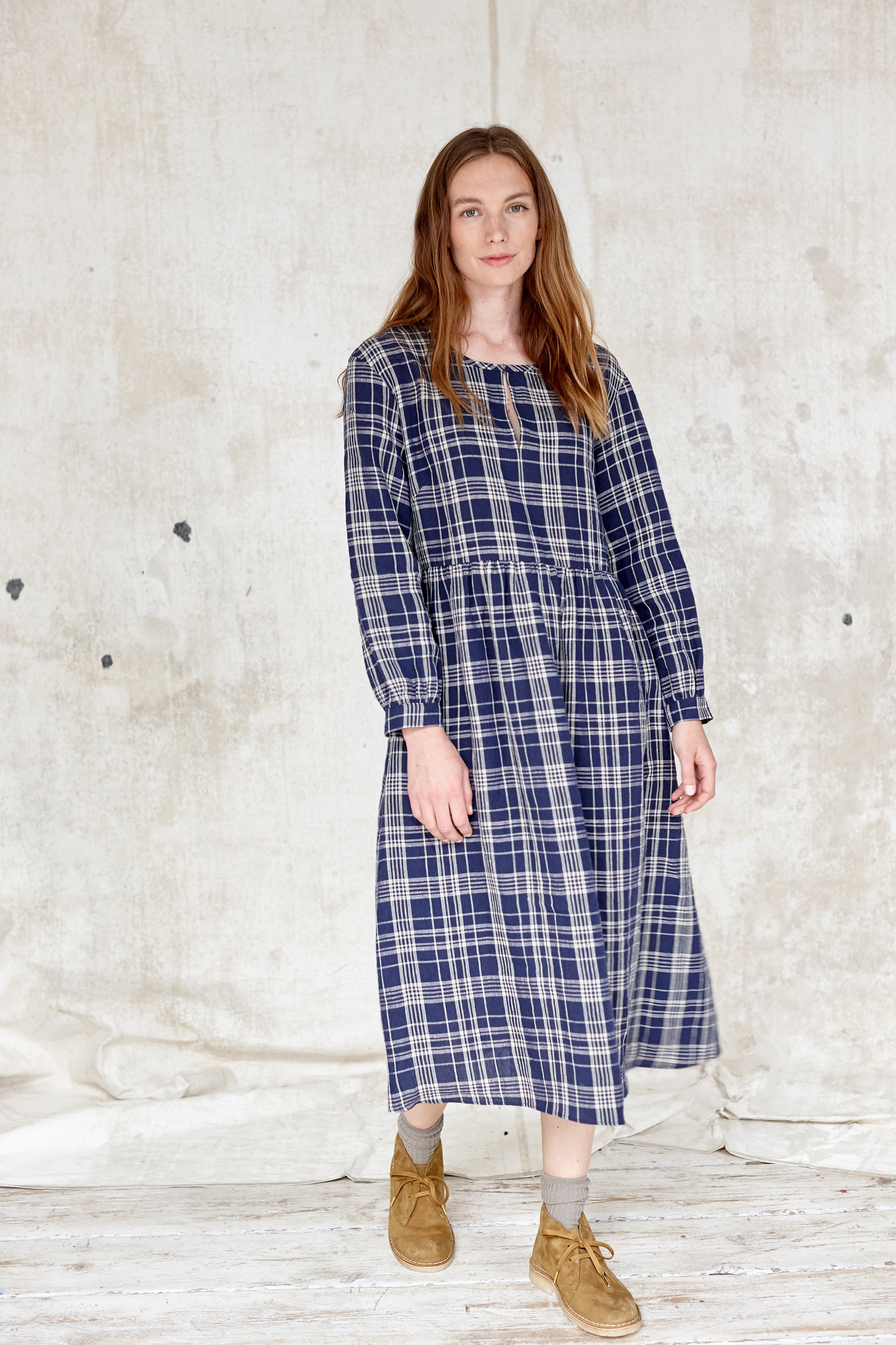 Irish Linen long sleeve dress, Blue check, Midi length .Easy fit 