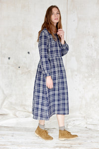 Irish Linen long sleeve dress, Blue check, Midi length .Easy fit 