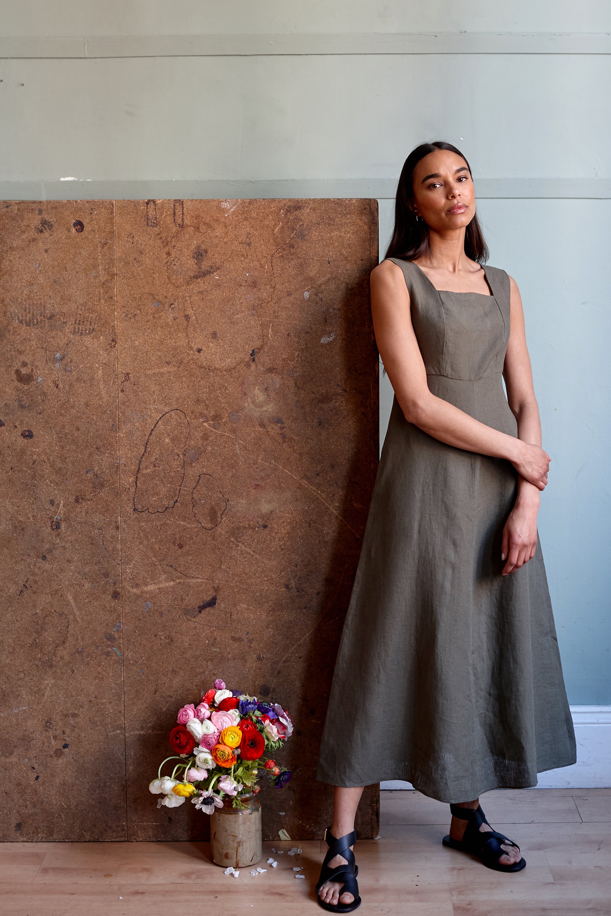 Linen pinafore dress. Khaki linen. Maxi length .Sleeveless