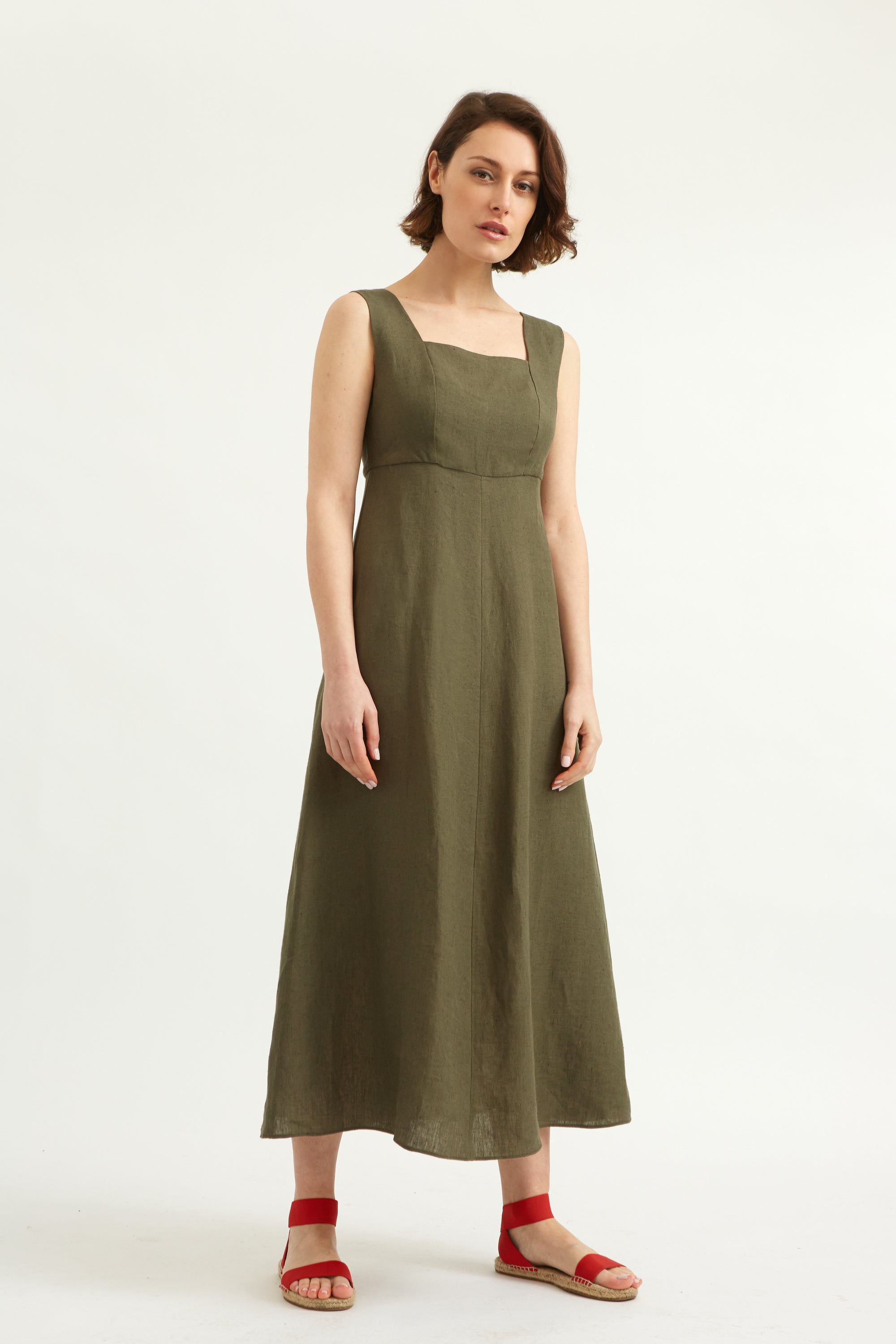 Linen pinafore dress. Khaki linen. Maxi length .Sleeveless