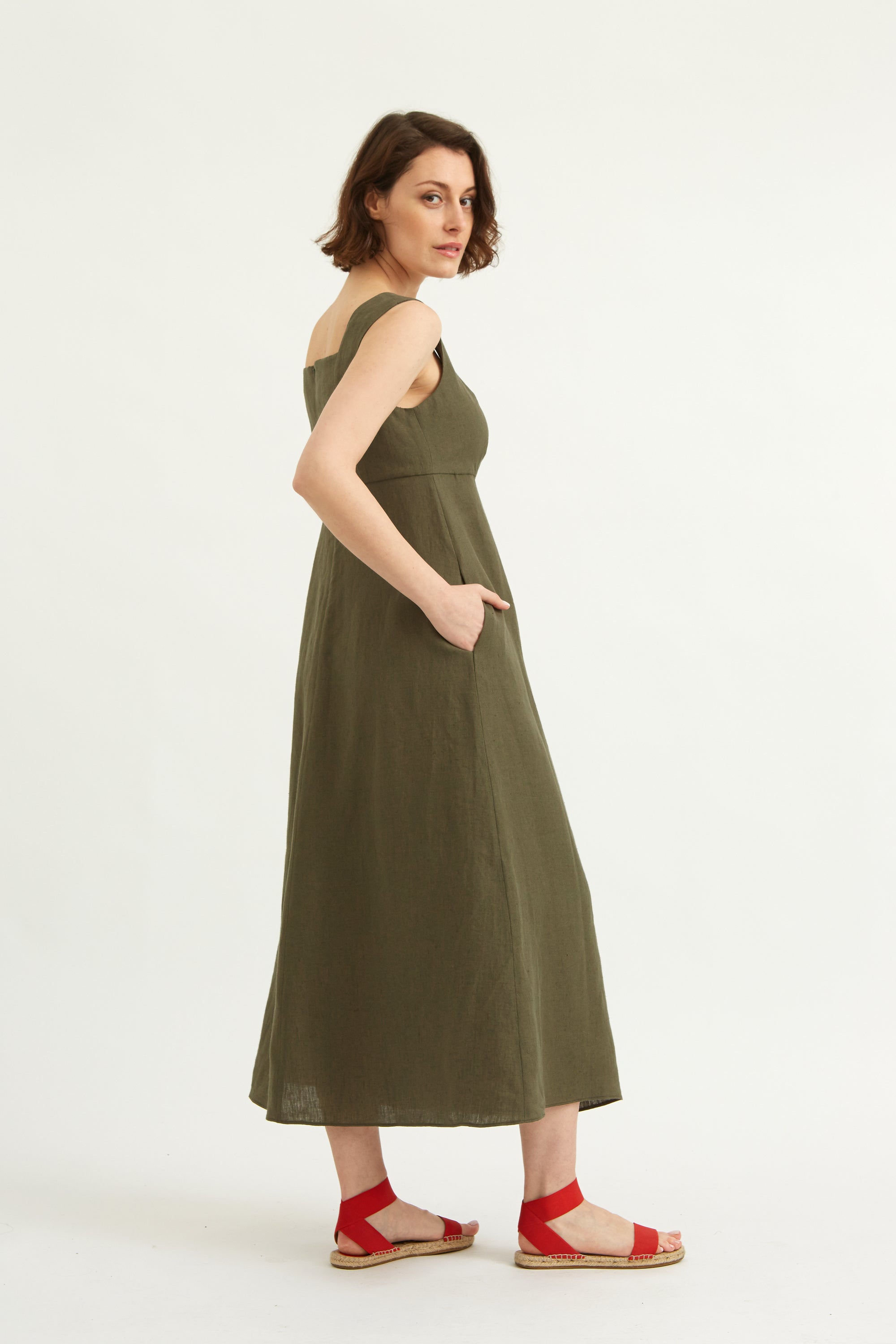 Linen pinafore dress. Khaki linen. Maxi length .Sleeveless