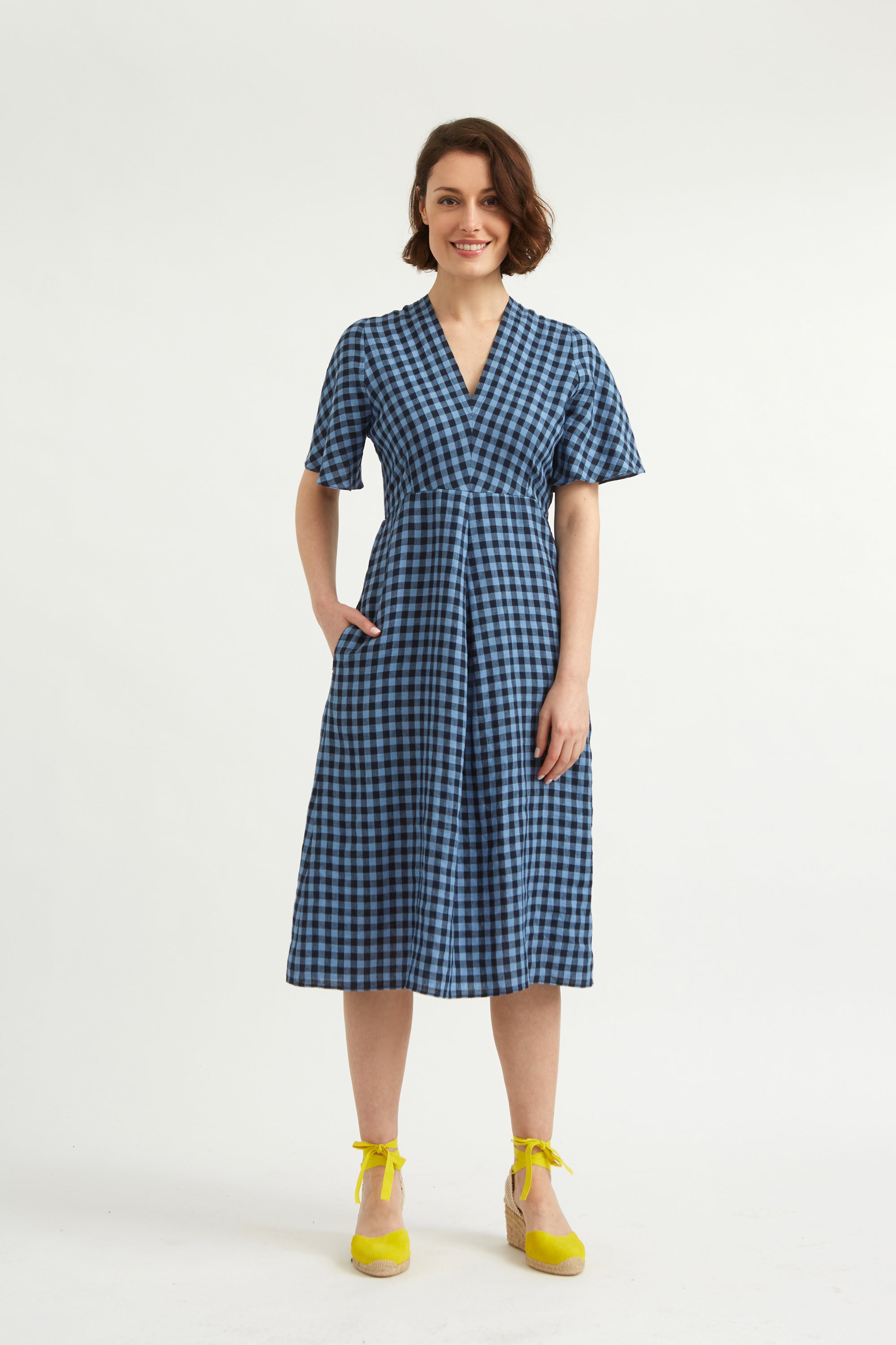 Irish Linen Gingham Dress. Bias cut Pull-on style. Short sleeve. V neck . Knee length