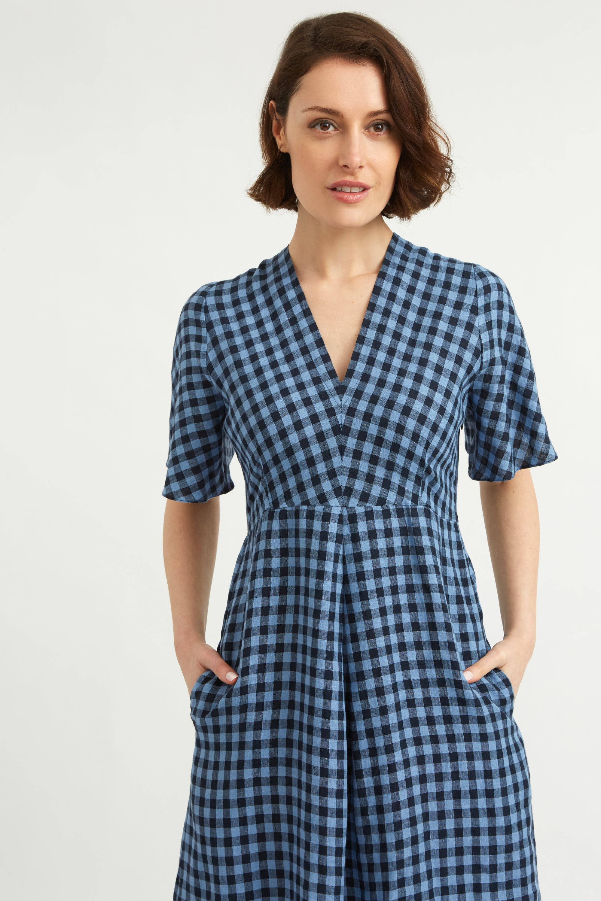 Irish Linen Gingham Dress. Bias cut Pull-on style. Short sleeve. V neck . Knee length